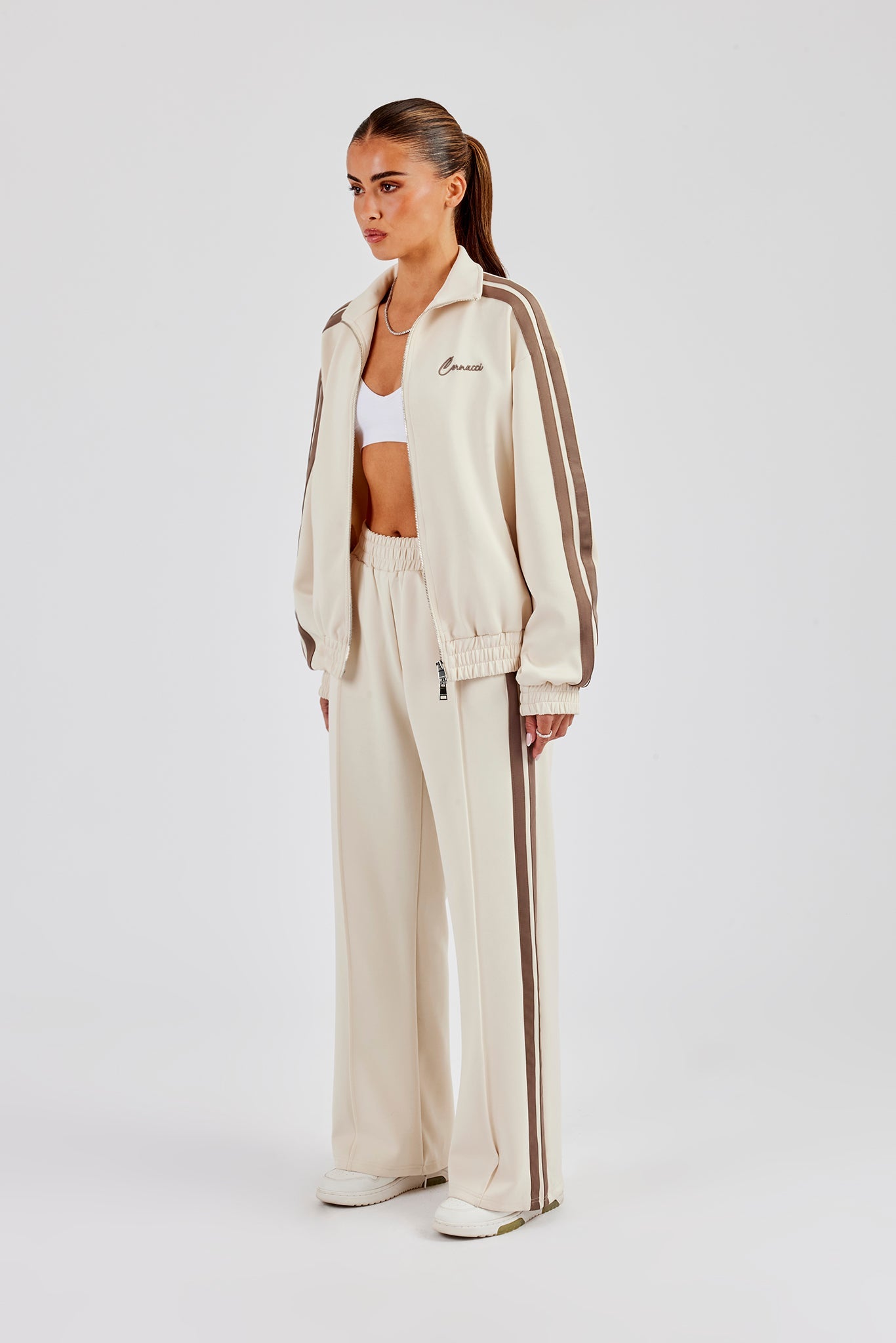 Funnel Neck Taupe Taping Zip Through Track Jacket & Wide Leg Pant - Off White